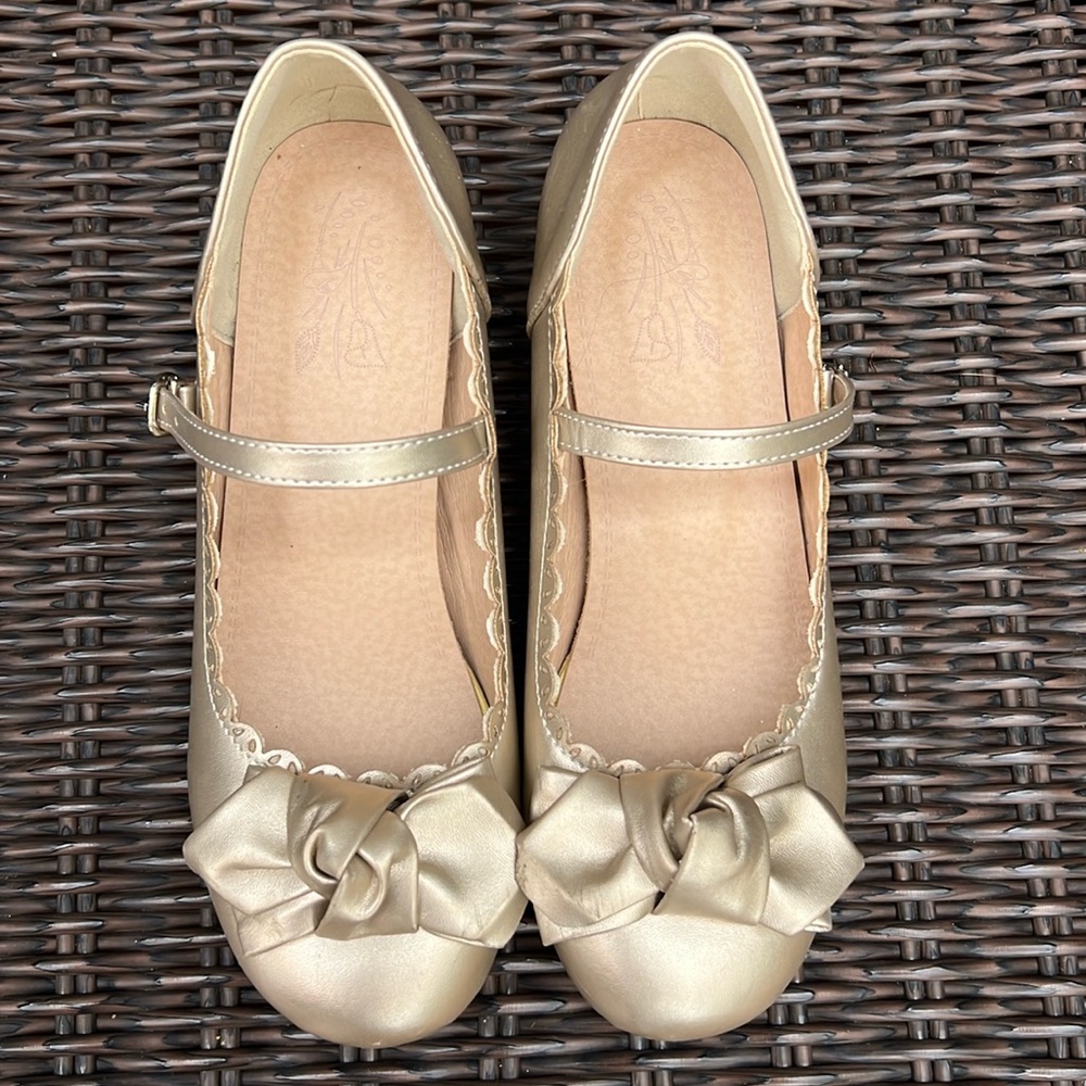 Girls Gold Lolita Bow Cosplay Ankle Strap Thick Heel Mary Janes Shoes size 5.5